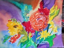 DJE Original signed watercolor on paper of Mixed Bouquet II.  Bright floral.