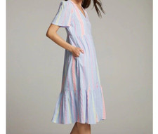 NWT CHASER Lt Blue Pastel Striped Button V Neck Midi Dress Ruffle Boho Revival S
