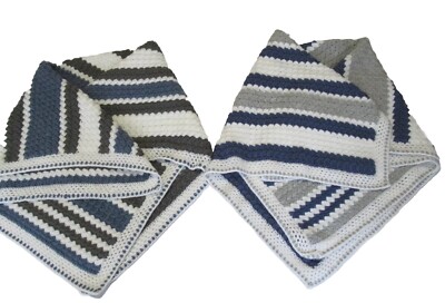 2x Handarbeit gehäkelt Zwillinge blau grau weiß schöne Babybett Decken 36 x 31 Zoll