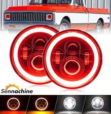 For Chevy C10 C20 C30 Pickup Camaro Pair 7" Round LED Headlights Red Halo DRL
