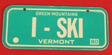VINTAGE 1980 BICYCLE LICENSE PLATE GREEN MOUNTAINS VERMONT I - SKI SKIING RARE !