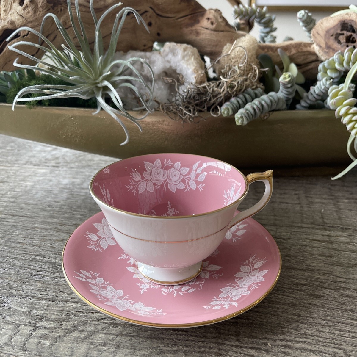 Vtg Aynsley Pink w White Enamel White Roses Cup & Saucer | eBay
