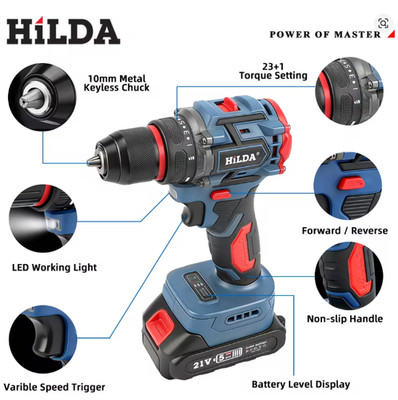 HILDA Electric Drill Professional Cordless Brushless Portable Bare Tool - Ergono