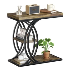 Shaped End Table, Bed Side Table, 3-Tier Side Table with Metal Frame, Wood En...