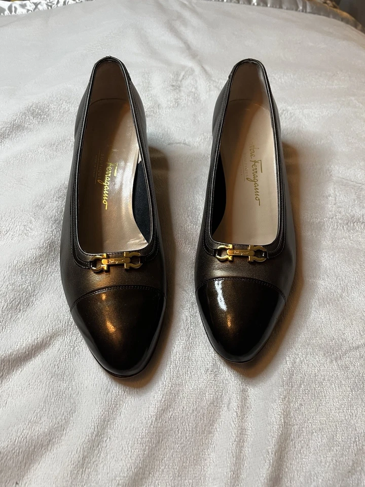 Salvatore Ferragamo 复古女式棕色和金色高跟鞋 9b 码 — 第 3/4 张图片