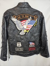 Diamond Plate Buffalo Leather Biker Jacket Small  Live to Ride Patches Lace-Up