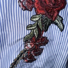 Italy Shirt Womens Blue Striped Floral Embroidered 3/4 Sleeve Button V-Neck