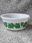 Hazel-Atlas Vintage 1950s Green Ivy Leaves Mixing Bowl, White Milk Glass, 6"