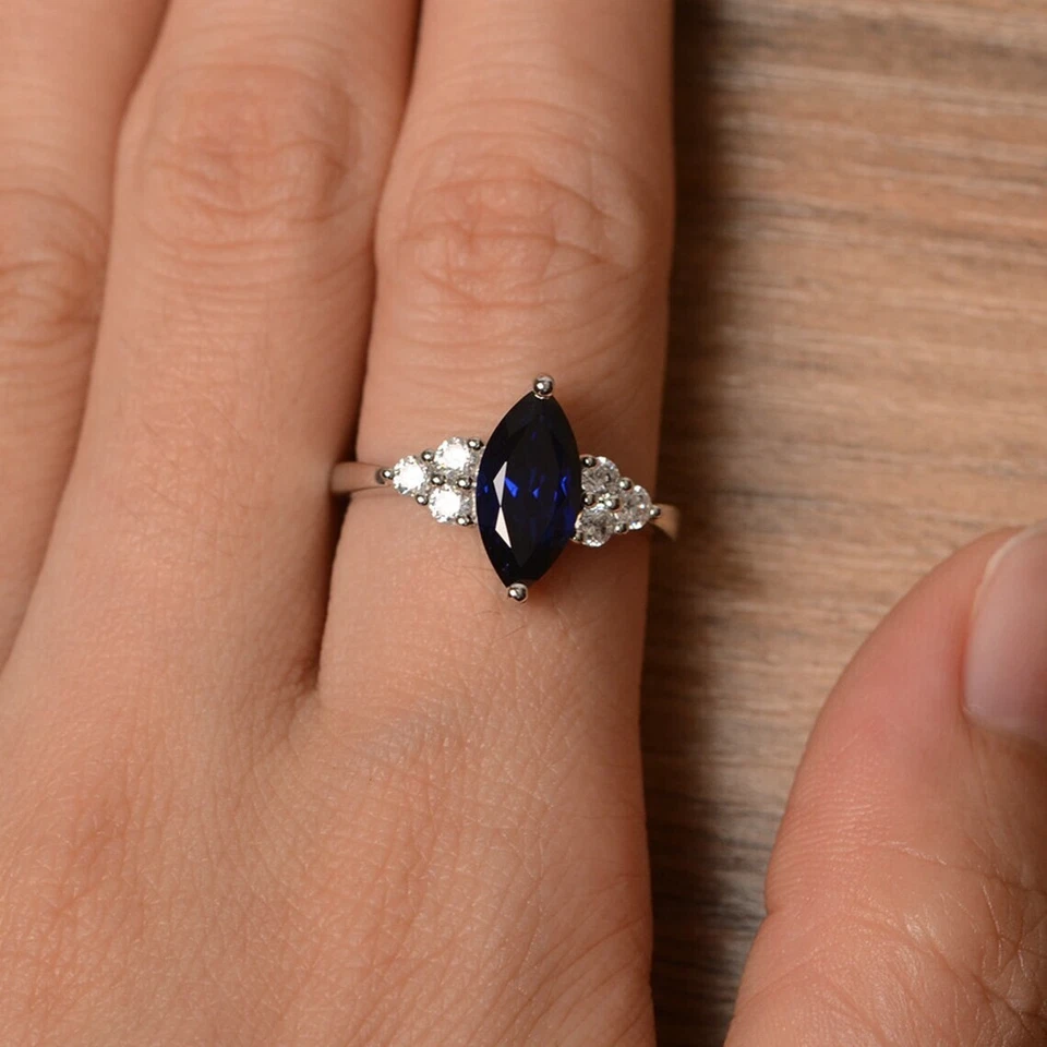 Lab Created Blue Sapphire Marquise Cut 925 Sterling Silver Women Dainty Ring - Image 2 of 4