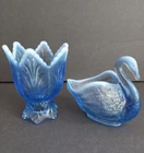 2 FENTON  Blue Glass Opalescent 2-Way Tulip Candle Holder Votive Swan Trinket