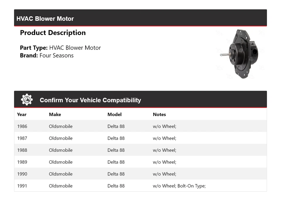 Motor soplador de climatización Oldsmobile Delta 88 1986-1991 4 estaciones 1987 1988 1989 Foto 2 de 4