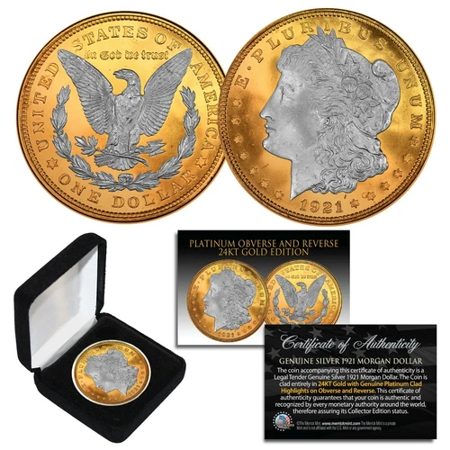 1921 Original AU MORGAN SILVER Dollar 24KT GOLD with PLATINUM Highlights w/ BOX
