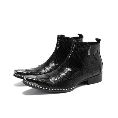 Fashion Men's Leather Pointed Toe Snake Print Zip Ankle Boots Casual Dress Shoes