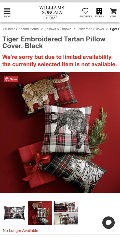 Funda de almohada Williams Sonoma Home bordada tartán a cuadros TIGRE ¡NUEVA! *HTF* Foto 3 de 4