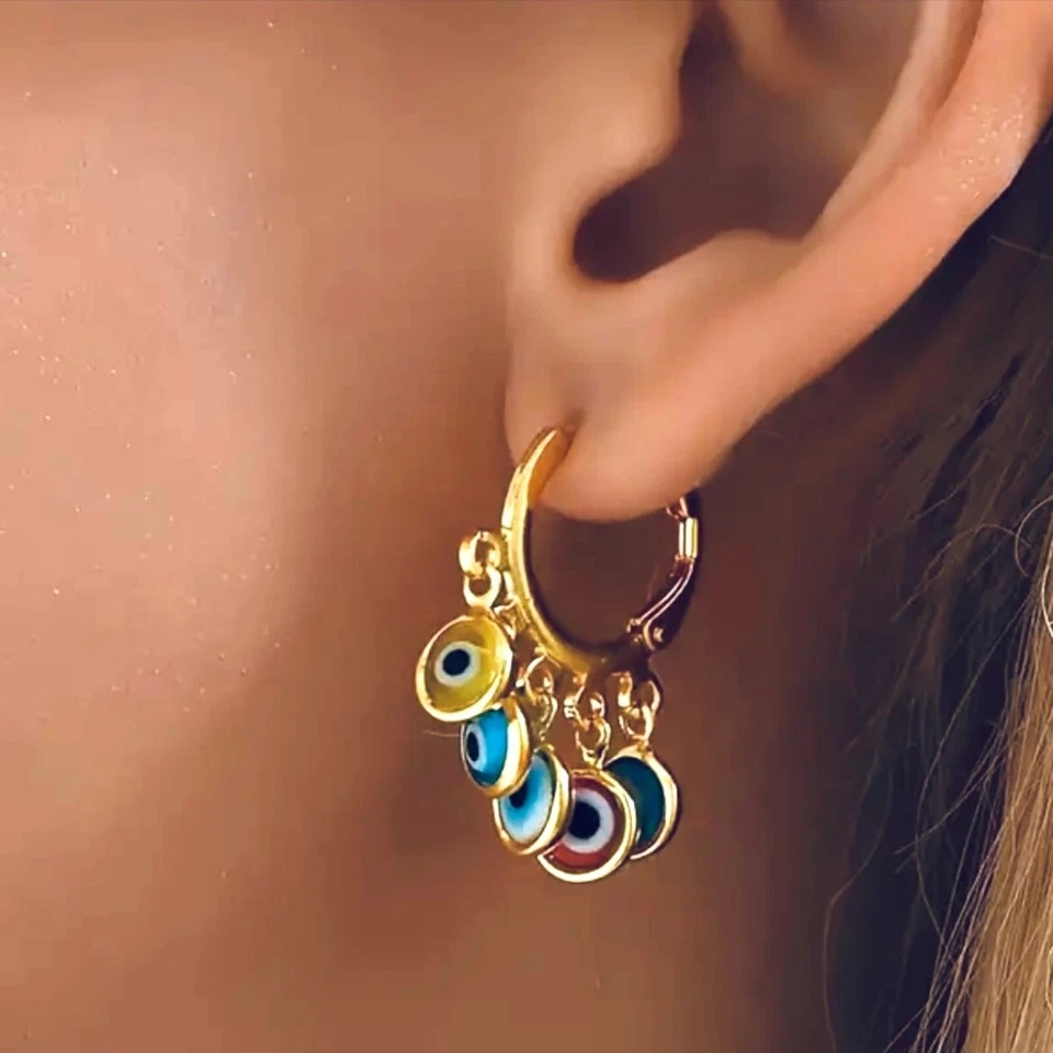 Benevolent Evil-Eye Glass Dijes Moda* Pendientes Chapados en Oro 18K 🧿 Foto 2 de 4