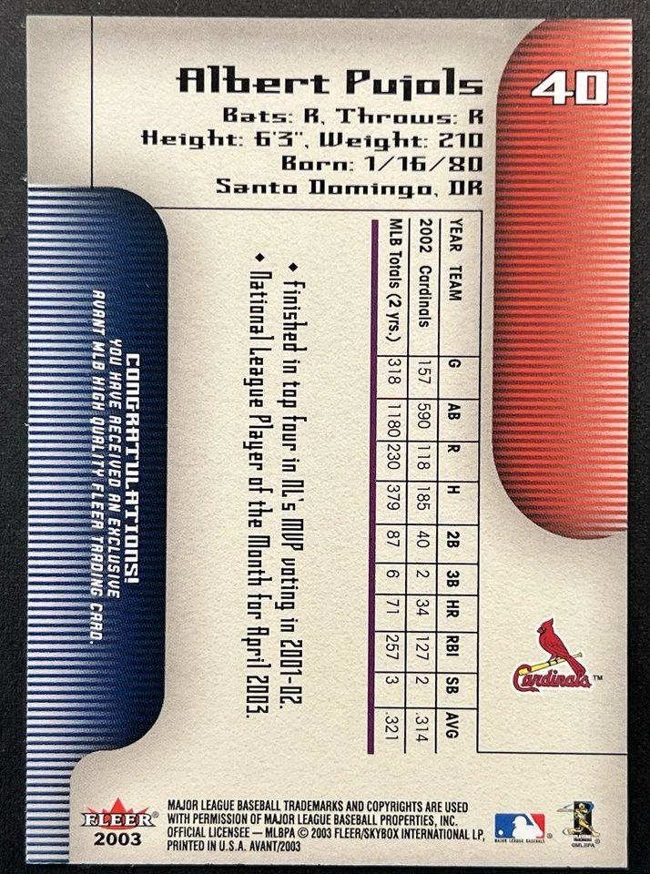 2003 Fleer Avant Albert Pujols #40 St. Louis Cardinals - Image 2 of 2
