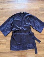 Vtg Victorias Secret Gold Label 90s Robe Navy Blue Silky Satin Lace Belt One Sz