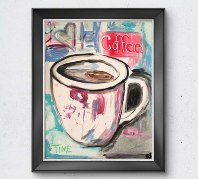 WS original coffee time neo expressionism painting 14X11 canvas colorful acrylic