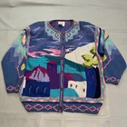VTG 90s Landscape Italy Beach Funky Grandma Knit Cardigan Y2K Sweater Women-1C-4
