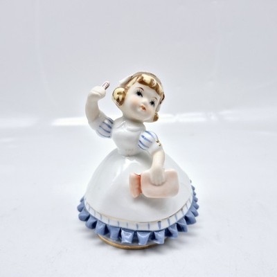Lefton Girl Holding Book Porcelain Figurine 5'' Blue White Dress Handpainted 