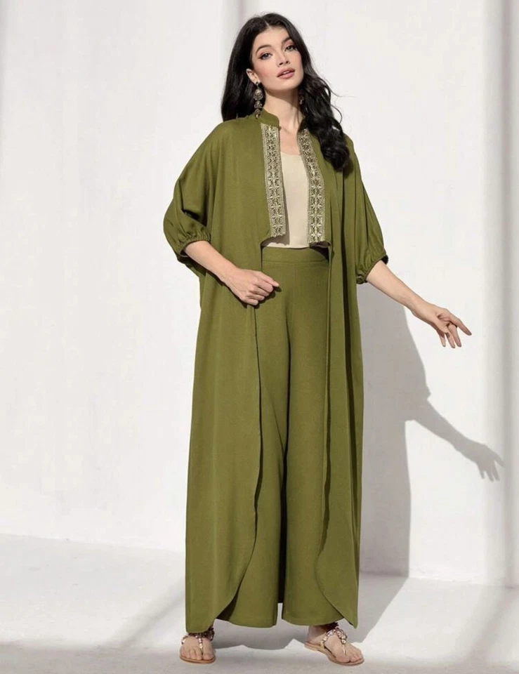 Conjunto de 2 piezas de abrigo y pantalones de pierna ancha con manga de murciélago cinta en contraste Al Najma Foto 3 de 4