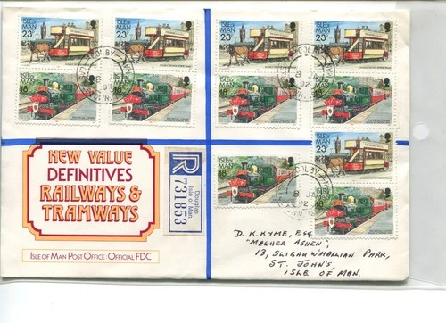 Isle of Man 1992 Railway 18p/23p FDC Registered Colby