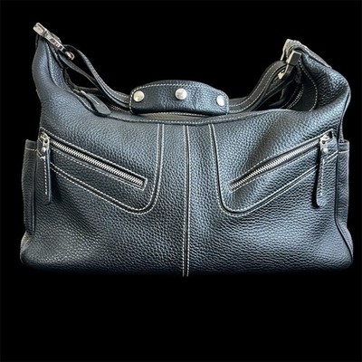 Tods Black Leather Shoulder Bag with Zipper Pockets , Outside Pockets Both Sides