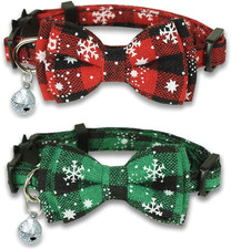2 Pack Christmas Cat Collar with Movable Bowtie, Holiday Cat Bowtie Plaid Patter