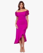 XSCAPE Petite Off the Shoulder Ruffle Sleeve Midi Dress - New Fuchsia - 14P