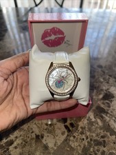 Betsey Johnson Crystal Spider Watch, White Strap, Rose Gold Tone in Original Box