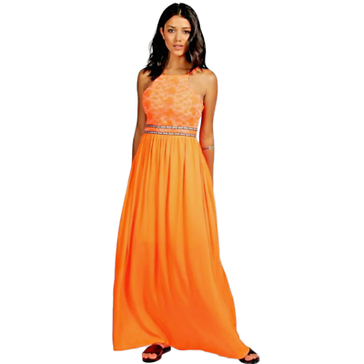 NEW Bohoo Neon Orange Lace Up Back Maxi Dress Sz 6 | eBay