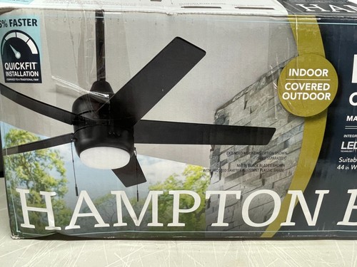 Hampton Bay Mena Indoor/Covered Outdoor Ceiling Fan Matte Black Blades Frosted