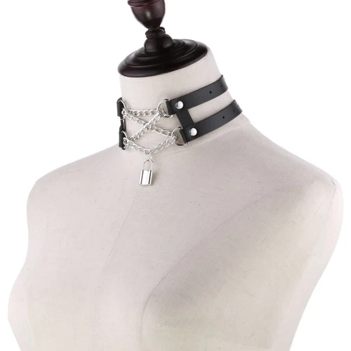 Double Belt Punk Choker with Cross Chain Lock Pendant Gothic Collar - Picture 2 of 37
