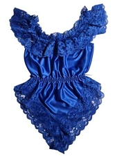 VTG 60s/70s Lingerie Dolores Poirette ILGWU Small Lacy Blue Satin Teddy Romper