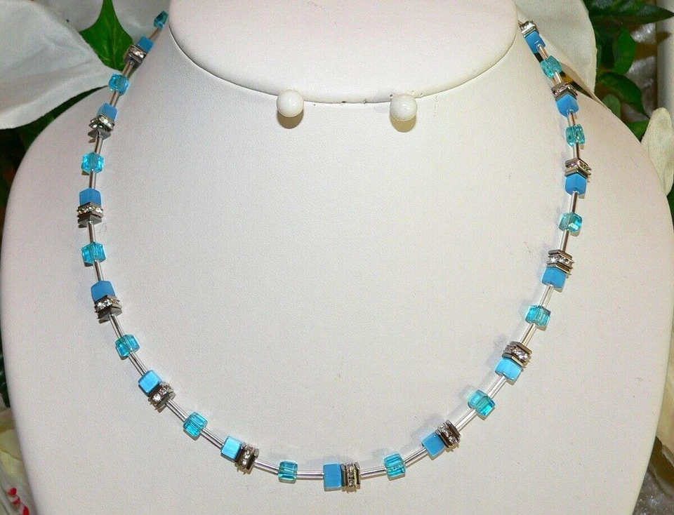 Halskette Kette Collier 4mm Cube Cat Eye türkis Kristallglas türkis Strass 502k - Bild 4 von 4