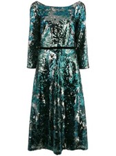 $795 NEW Marchesa Notte Sequin Tea Midi Dress Peacock Green Blue Velvet Trim 6