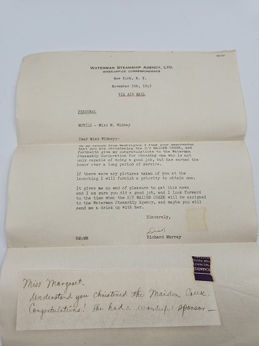 1943 Waterman Steamship Agency Christening Congratulations Letter 