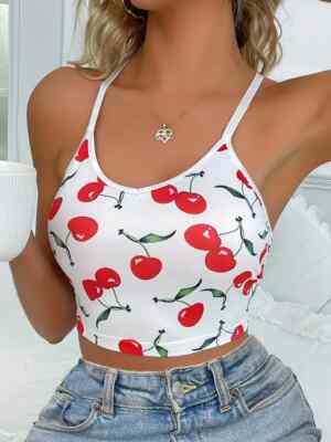 NEW Small. Red Cherry Crop Top Poly Knit Open Neck. HUGE RED