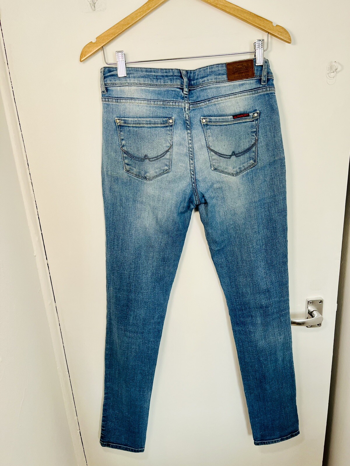 💕 Vintage Superdry Jeans W30 L31 Blue Skinny Denim Cotton Pink Trim