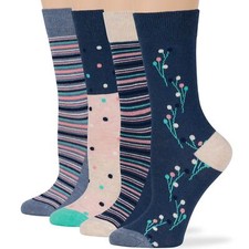 Women Cotton Crew Socks-4 Pack Medium- Stripe Dot Flower Denim Blue Pink