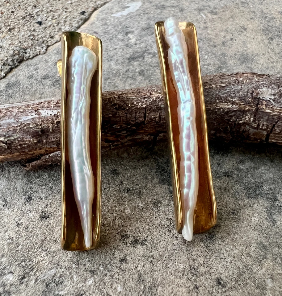 Biwa Pearl Post Earrings  1⅜" Length Aureus + Argent | Roost Overstock - Image 2 of 4