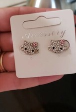 Pink  Clear Rhinestone Hello Kitty Stud Earrings with Flower Cat Jewelry New