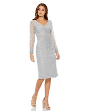 MAC DUGGAL V-NECK EMBROIDERED SURPLICE PLATINUM MIDI DRESS SZ 8