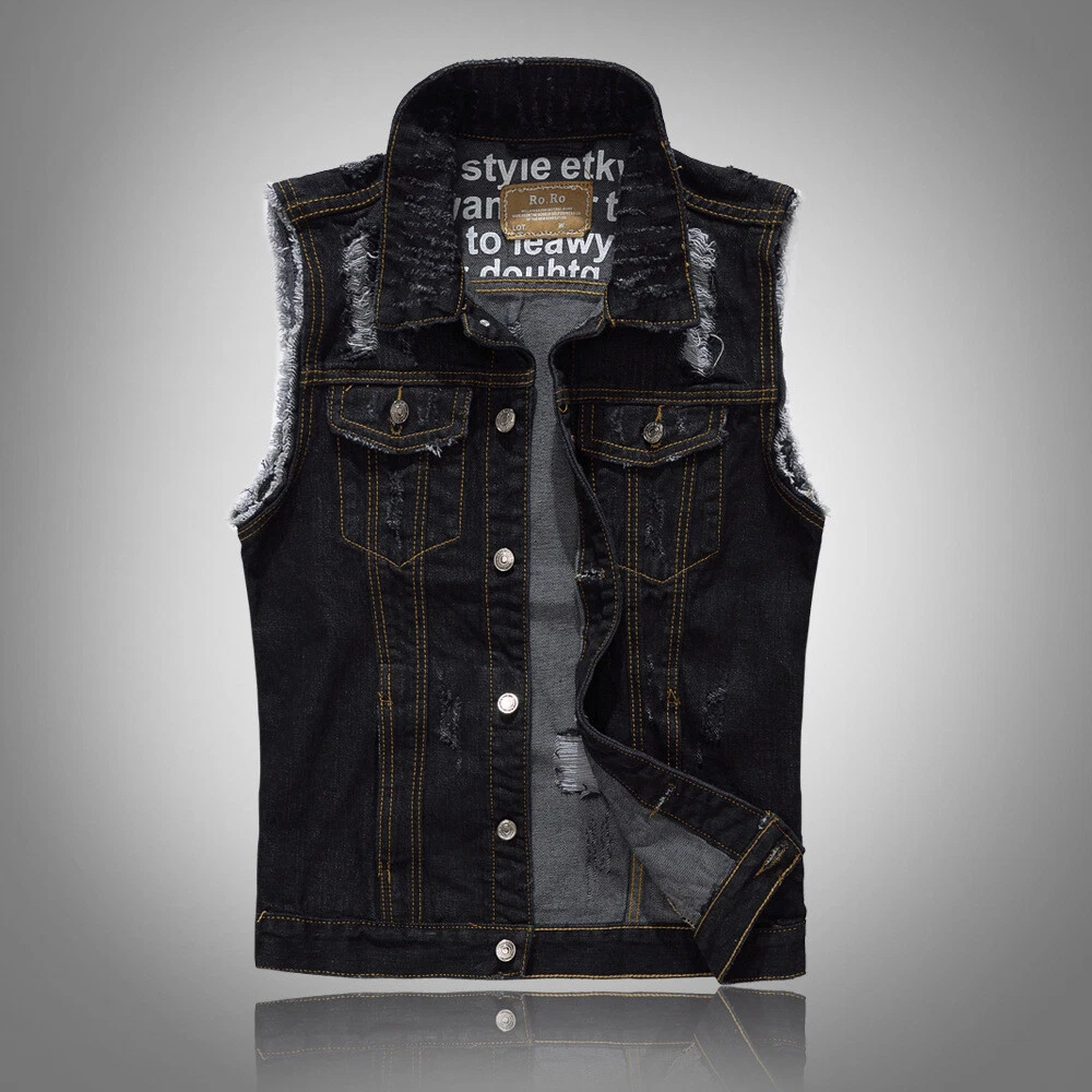 Mens Black Denim Waistcoat Frayed Sleeveless Jacket Biker Vest