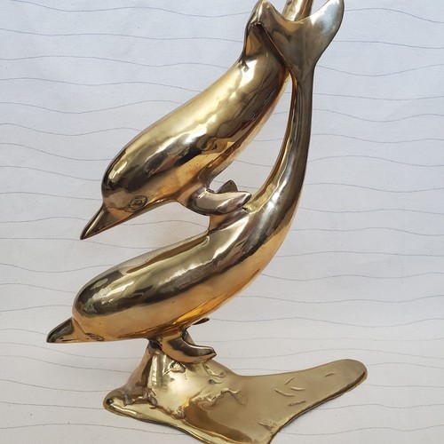 Vintage Large Solid Brass Dolphins Two Statue Decor Nautical Sea Decor Swimming - Picture 2 of 14
