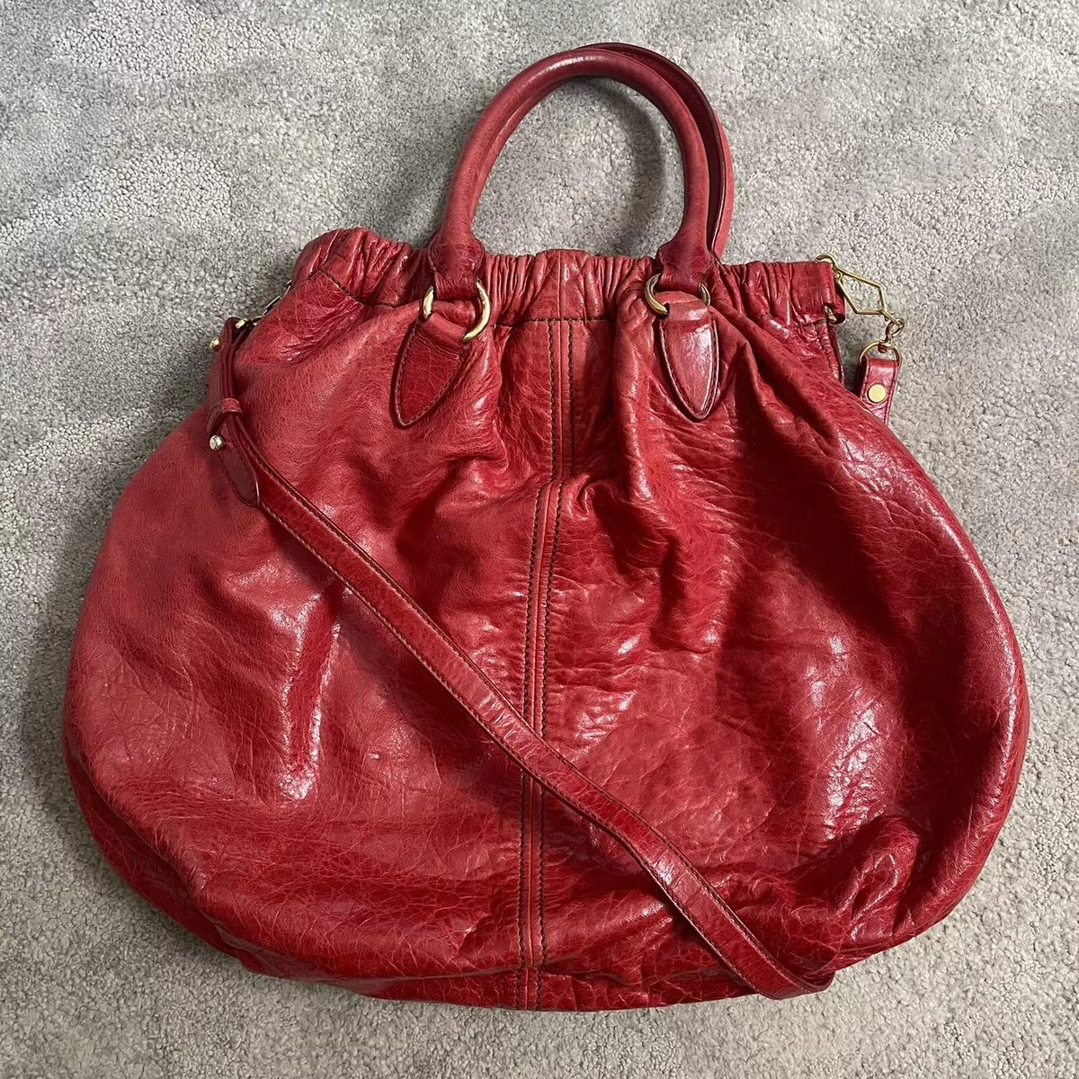 Miu Miu Red Leather Gathered Top Handle Crossbody Convertible Hobo Bag EUC