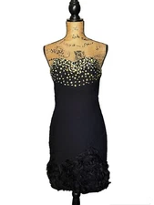 ASPEED BLACK LBD RHINESTONES EMBELLISHED FLORAL STRAPLESS COCKTAIL MINI DRESS S