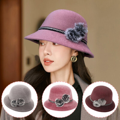 Women Lady Vintage Wool Round Fedora Hat Cloche Bowler Cap Elegant Bucket  Hats