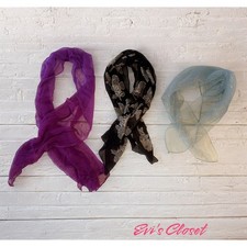 Lot Of 3 Vintage Scarves Chiffon Black Fucia Baby Blue Retro 60,70,80