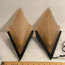 Pair of Vintage MCM Sconce Lights with Beautiful Geometric Art Deco Style Shades
